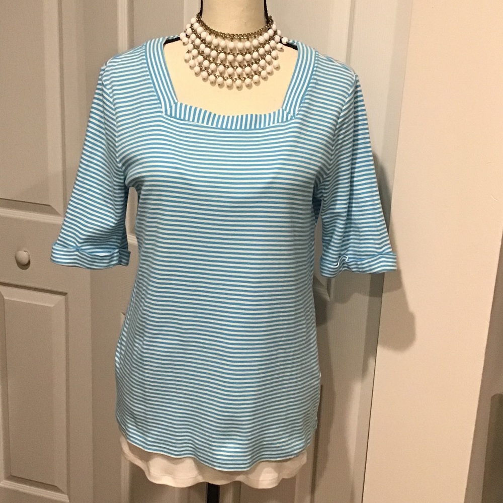 Blue white stripe square neck tee 100%cotton